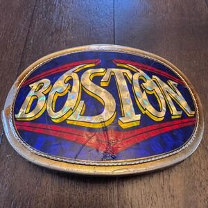 Vintage Boston Belt Buckle 1977 Pacifica Mfg Metal Gold Tone Blue Red